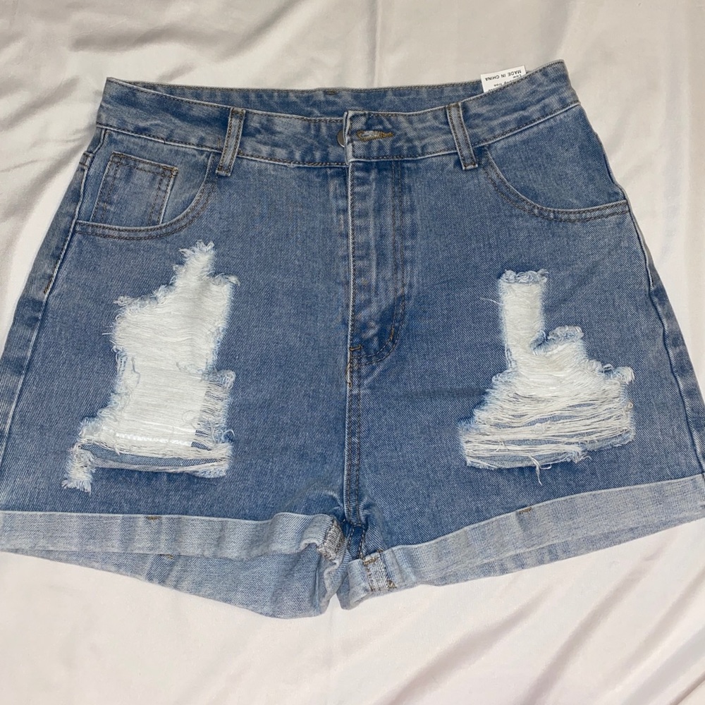 Shein Light Blue, Ripped, and Cuffed Denim Shorts
